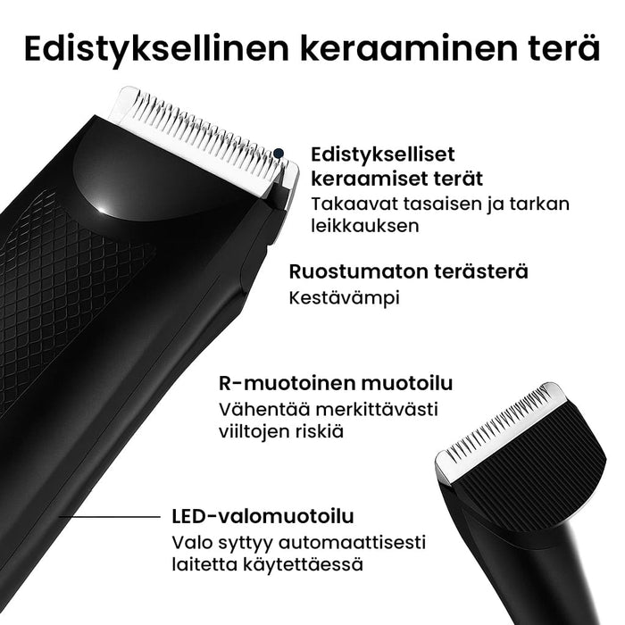 Vedenkestävä vartalonkarvatrimmeri, jossa on keraaminen terä ja teknisiä ominaisuuksia.