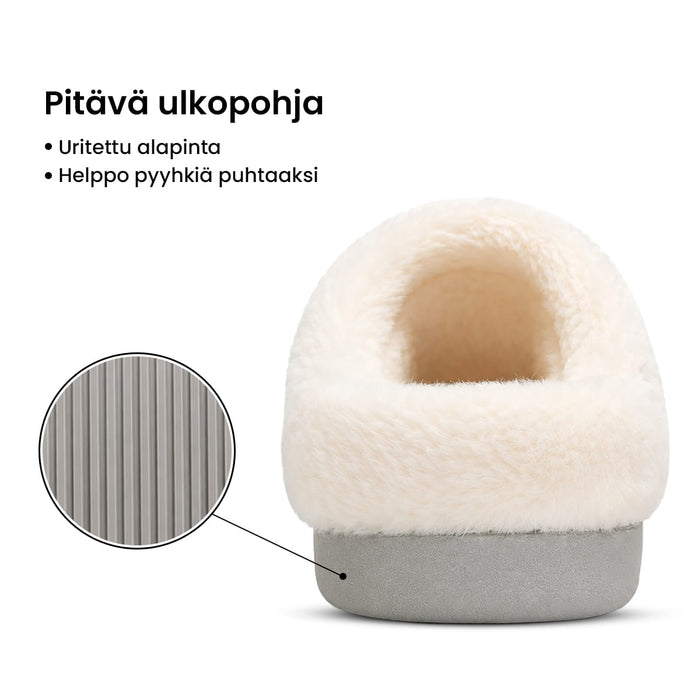 Lämminvuoratut tossut, joissa on pitävä harmaa, uurrettu ulkopohja.