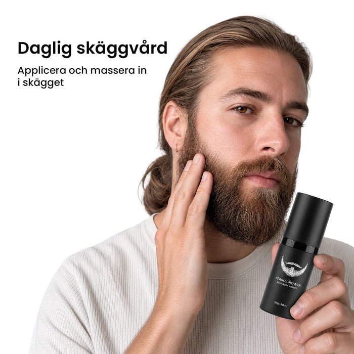 Mies levittää 30 ml Vartalokauppa-partakasvuserumia partaansa, kädessään musta pullo.