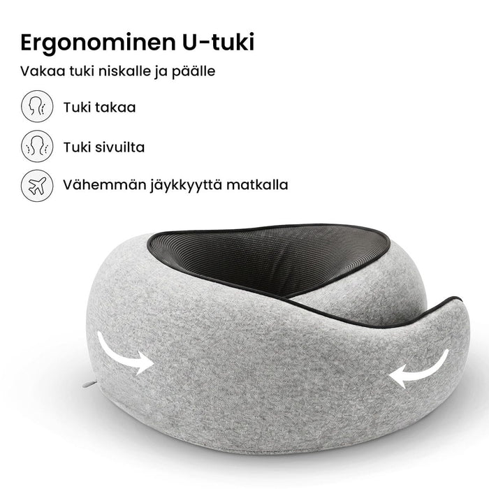 Harmaa, U-muotoinen Premium-matkatyyny Vartalokaupalta. Musta sisäosa, kuvakkeet ja nuolet osoittavat, että muotoa voi säätää.