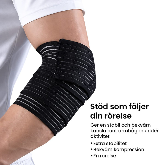 Henkilö käyttää joustavaa kyynärtukea, joka tarjoaa tukea, mukavuutta ja kompressiota.