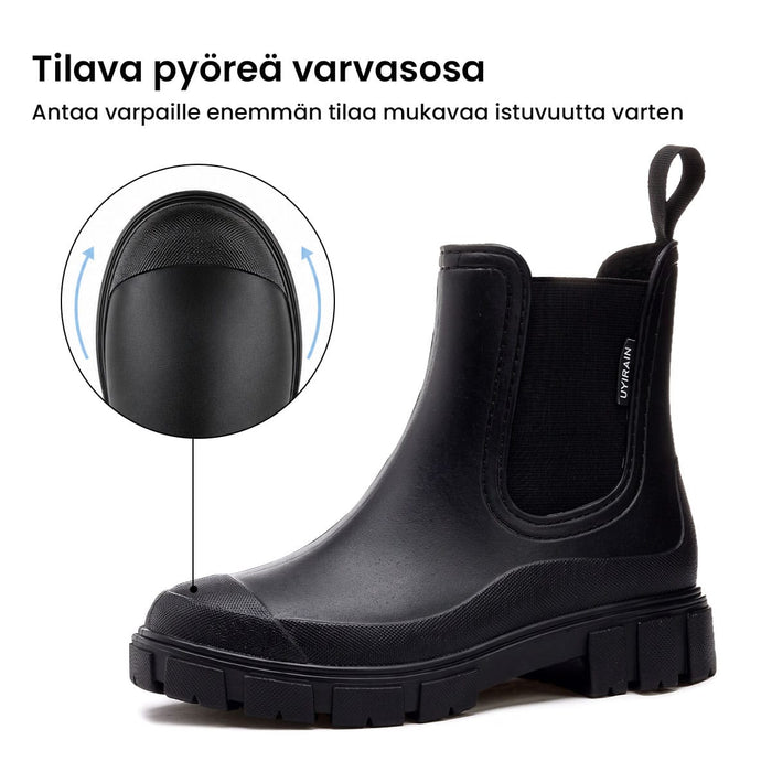 Mustat Urban Nordic -nilkkurit, joissa on pyöreä kärki, tilava lesti ja kuvioitu kumipohja.