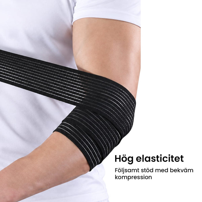 Henkilö käyttää joustavaa kyynärtukea, joka tarjoaa tukevaa puristusta esimerkiksi liikunnan aikana.