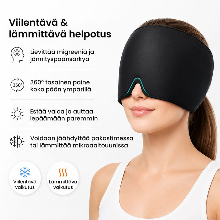 Henkilöllä on päässään musta Vartalokauppa-migreenihattu, jota käytetään kylmä- tai lämpöhoitoon päänsäryn lievittämiseen.