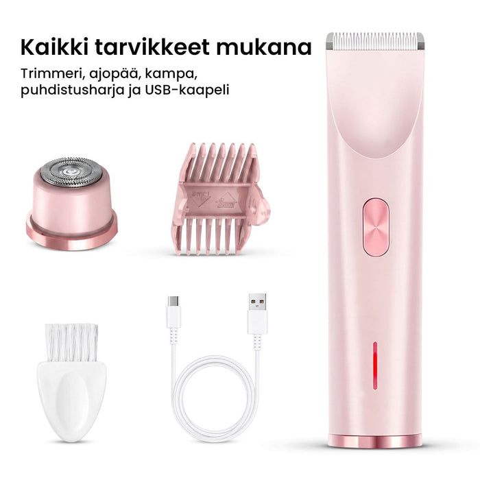 Vaaleanpunainen Vartalotrimmeri Ultra, jossa on teräverkkoajopää, ohjauskampa, puhdistusharja ja USB-latauskaapeli.