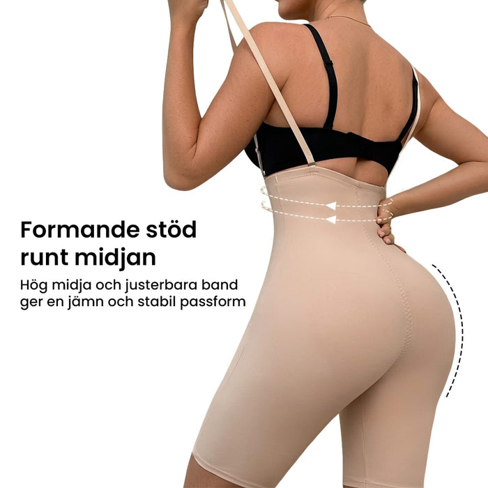 Beiget-muotoilushortsit, joissa on olkaimet ja korkea vyötärö, tarjoavat hyvän tuen ja istuvat ergonomisesti.