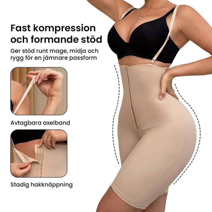 Vaaleanbeige, korkeavyötäröiset muotoillut shortsit, irrotettavat olkaimet ja edessä hakaskiinnitys.