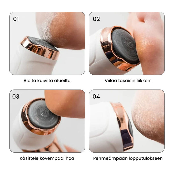 Neljä kuvaa, joissa esitellään sähköisen jalkahierontalaitteen imutoiminnon käyttö kovettumien poistamiseen ja kantapäiden hoitoon.