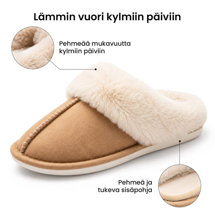 Vartalokaupan ruskeat mokkatossut, joissa on valkoinen pohja ja lämmin tekoturkisvuori.